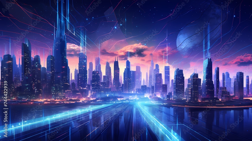 A futuristic cityscape with sleek skyscrapers rising above a network of illuminated highways, set against a starry night sky.
