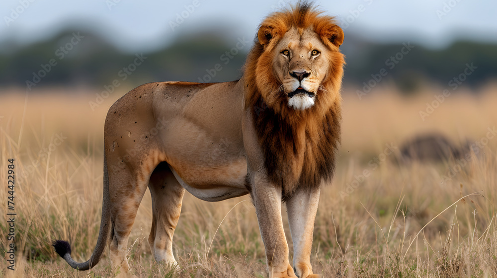 A lion stands in a golden field of grass, with trees in the background. A lion stands in a golden field of grass, with trees in the background.