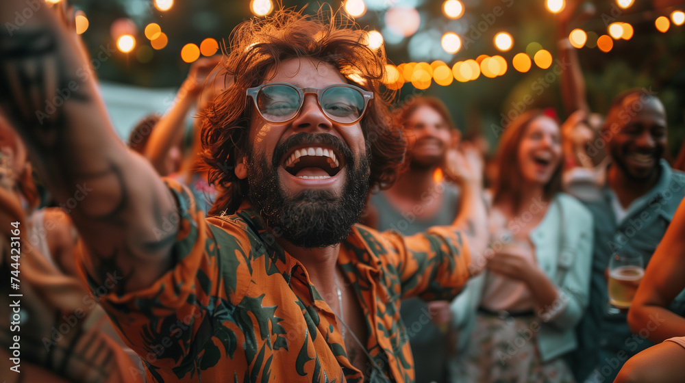 A bearded man in glasses is captured in a moment of pure joy, surrounded by friends at an outdoor party with festive lights. A bearded man in glasses is captured in a moment of pure joy, surrounded by friends at an outdoor party with festive lights.