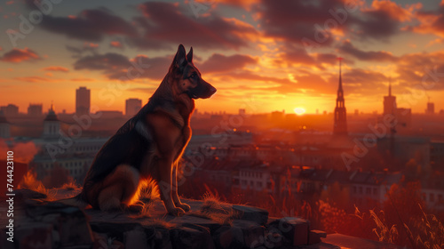 An alert German Shepherd in a dynamic pose, against the backdrop of an urban landscape at dusk, symbolizing loyalty and protection.