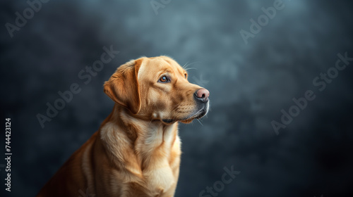 A Labrador Retriever dog, with a glossy coat and soulful eyes, gazes thoughtfully into the distance against a dark backdrop, projecting an air of tranquility and wisdom.
