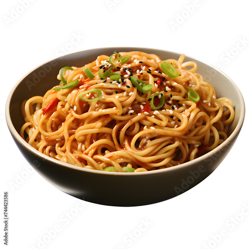 spaghetti with tomato sauce and basil decorated with green leaves on top on a white transparent background