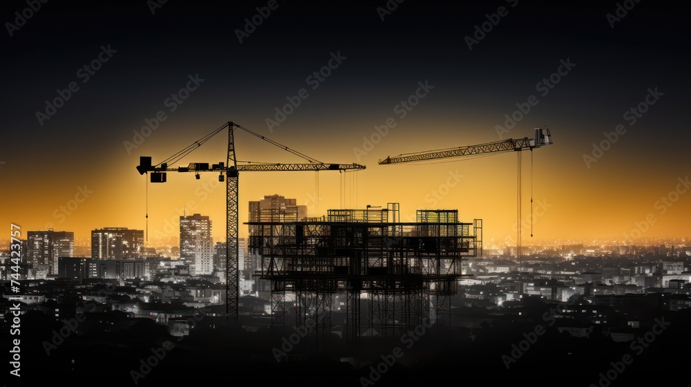 A Vector illustration of Construction crane above building urban development city skyline Black construction site isolated on transparent background. A Vector illustration of Construction crane above building urban development city skyline Black construction site isolated on transparent background.