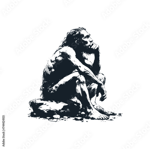 The thinkerman for prehistoric era. Black white vector illustration.