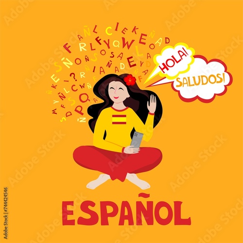 Espanol. Translation "Spanish". Spanish tutor. Online education, courses. Native speaker. Spanish language. Salut. Hello. Dictionnaire. Dictionary. Spanish school. Student. Girl studying online. 