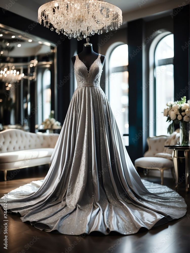 Beautiful silver formal dress gown with spotlight in middle of a luxurious bridal shop setting from Generative AI Beautiful silver formal dress gown with spotlight in middle of a luxurious bridal shop setting from Generative AI