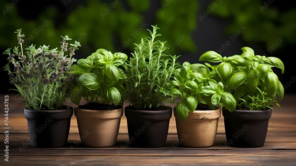 A group of aromatic herbs in small pots, suitable for culinary and wellness concepts. A group of aromatic herbs in small pots, suitable for culinary and wellness concepts.