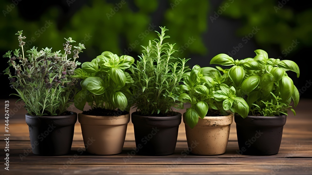 A group of aromatic herbs in small pots, suitable for culinary and wellness concepts.