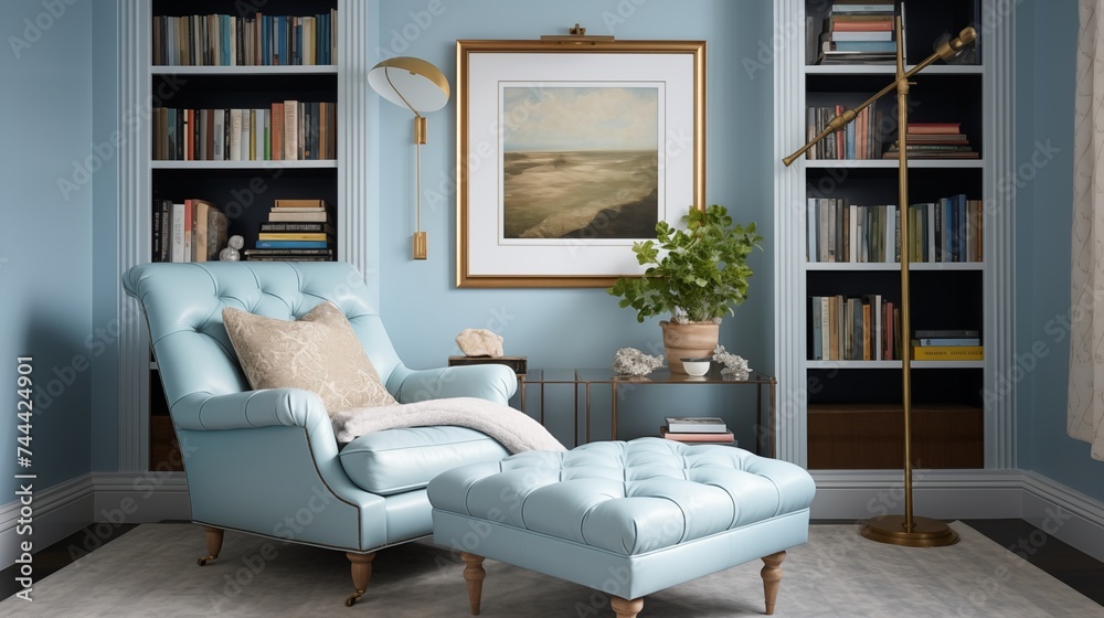 Cozy Reading Nook with Soft Sky Blue Walls and Literary Charm Create a cozy reading nook with soft sky blue walls Cozy Reading Nook with Soft Sky Blue Walls and Literary Charm Create a cozy reading nook with soft sky blue walls