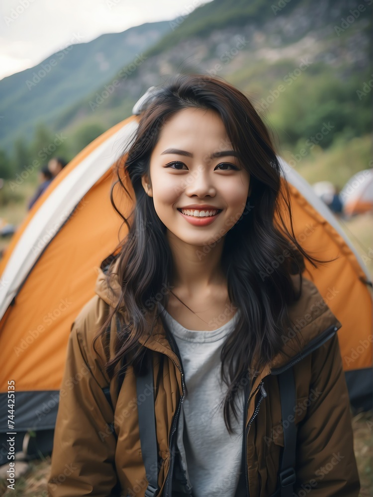 Portrait of a happy smiling attractive young asian woman on camping site at the mountain with a tent on the background from Generative AI Portrait of a happy smiling attractive young asian woman on camping site at the mountain with a tent on the background from Generative AI
