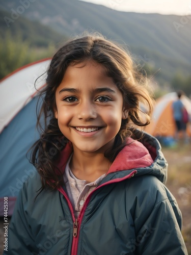 Portrait of a happy smiling cute hispanic kid girl on camping site at the mountain with a tent on the background from Generative AI