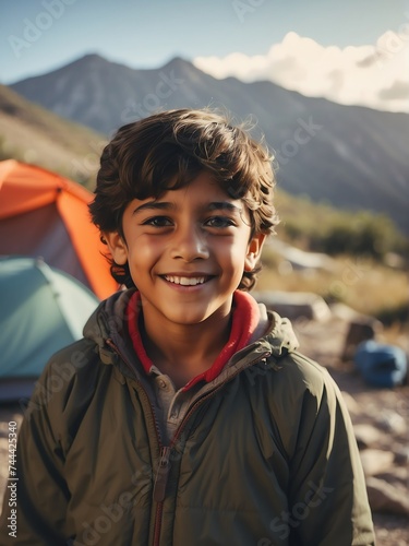 Portrait of a happy smiling cute hispanic kid boy on camping site at the mountain with a tent on the background sunrise from Generative AI
