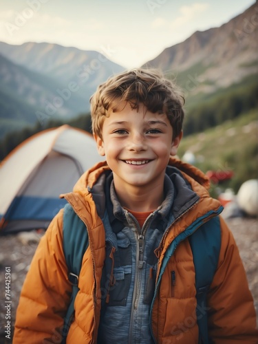 Portrait of a happy smiling cute kid boy on camping site at the mountain with a tent on the background from Generative AI