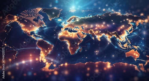 Digital world map illuminated with active trade routes and commerce spots