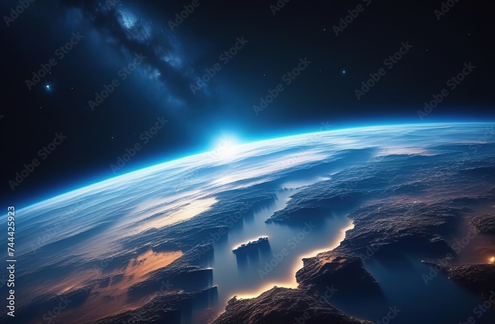 Fototapeta premium Banner Background of outer star space in galaxy. Astronomy and cosmonaut day concept. Cosmonautics Day. first manned flight into space.