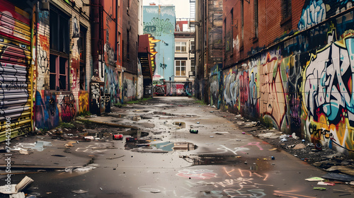 Poor neighborhood, walls covered in graffiti, dirty street
