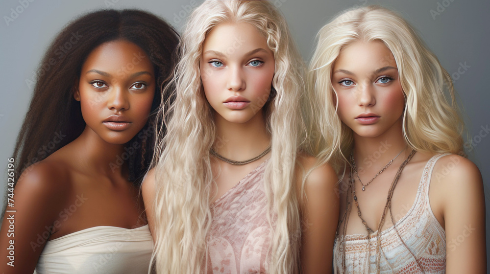 Three friends of young women of different nationalities stand together Three friends of young women of different nationalities stand together