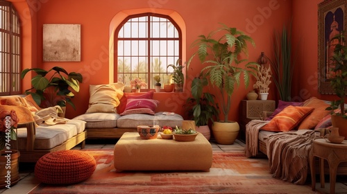 Eclectic Boho-chic Living Room with Soft Terracotta Walls and Global Flair Design an eclectic boho-chic living room with soft terracotta walls