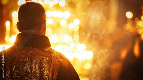 An orthodox priest or monk before the althar in an orthodox church photo