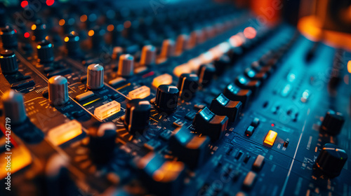 audio sound mixer music recording, close up shot recording equipment in studio photo