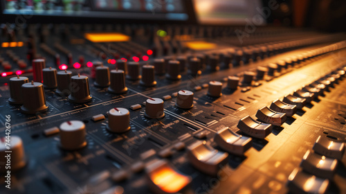 audio sound mixer music recording, close up shot recording equipment in studio