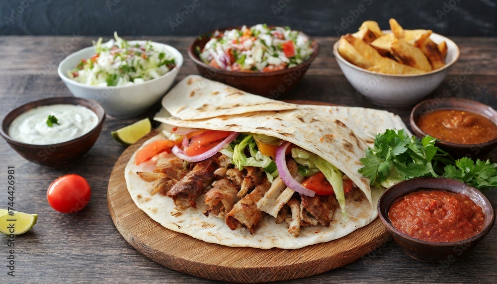 Doner kebab in flatbread with side dishes