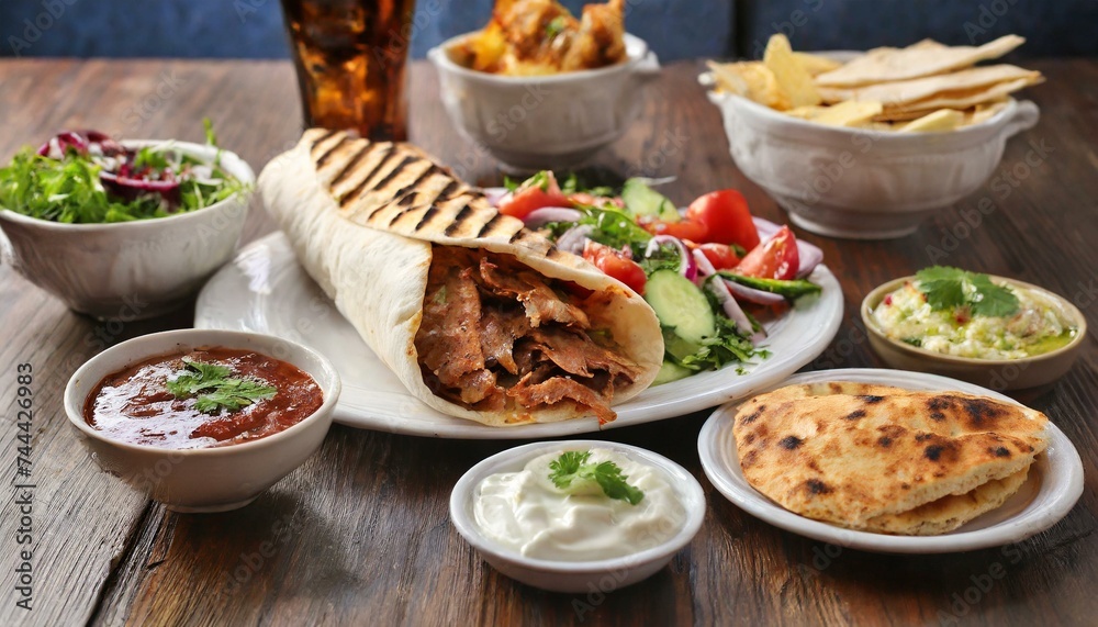 Doner kebab in flatbread with side dishes