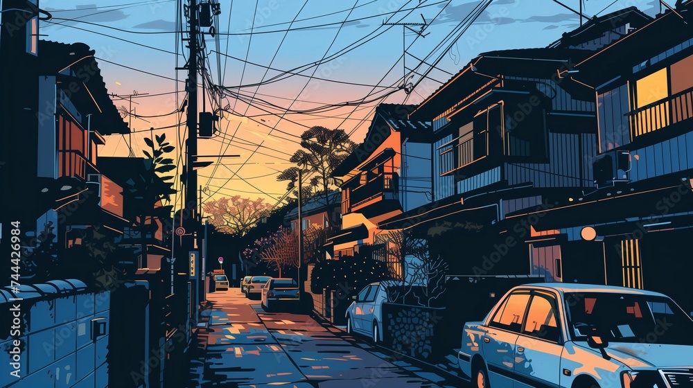 Japanese cityscape at dusk. Illustration featuring traditional houses with glowing windows, parked cars, and a network of power lines against a sunset sky.
