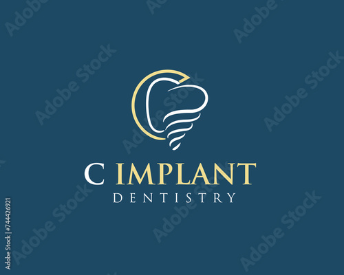 Creative line art C initial dental implant logo icon symbol design template illustration inspiration