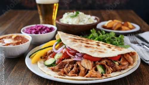 Doner kebab in flatbread with side dishes