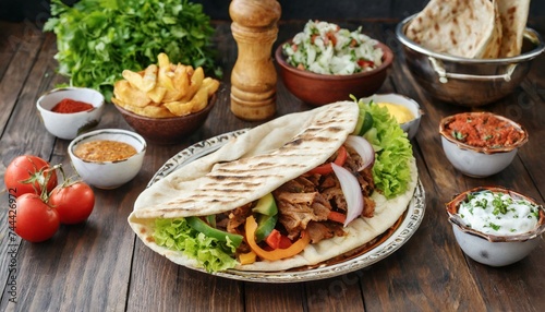 Doner kebab in flatbread with side dishes