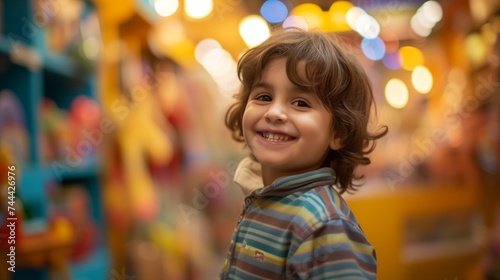 Happy child in a toy store. A smiling young boy with curly hair in a colorful striped shirt, enjoying the bright and vibrant atmosphere of a toy shop.