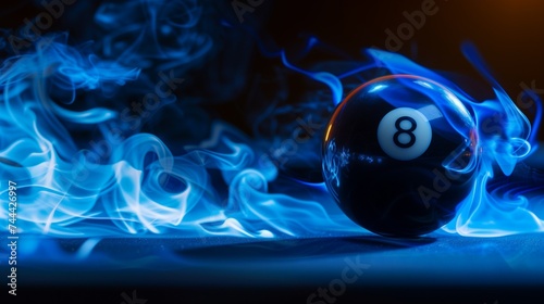 Magic eight ball in blue flames. A striking image featuring a black billiard ball with the number eight engulfed in mystical blue fire on a dark background.
