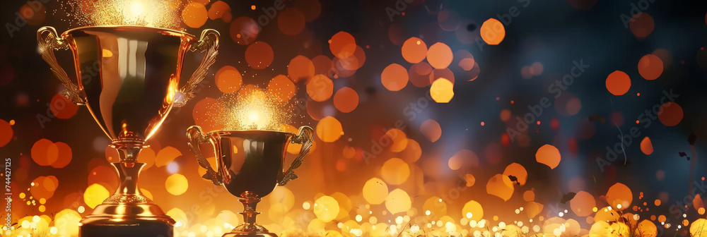  gold trophy on gold bokeh background, banner