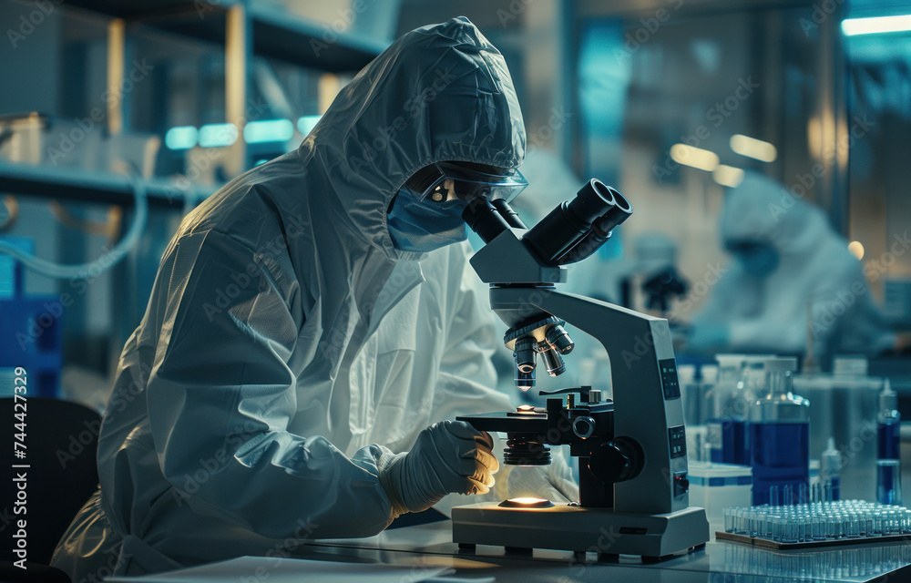 Laboratory researcher develop new medicine or cure using microscope.
