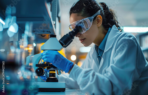 Laboratory researcher develop new medicine or cure using microscope.