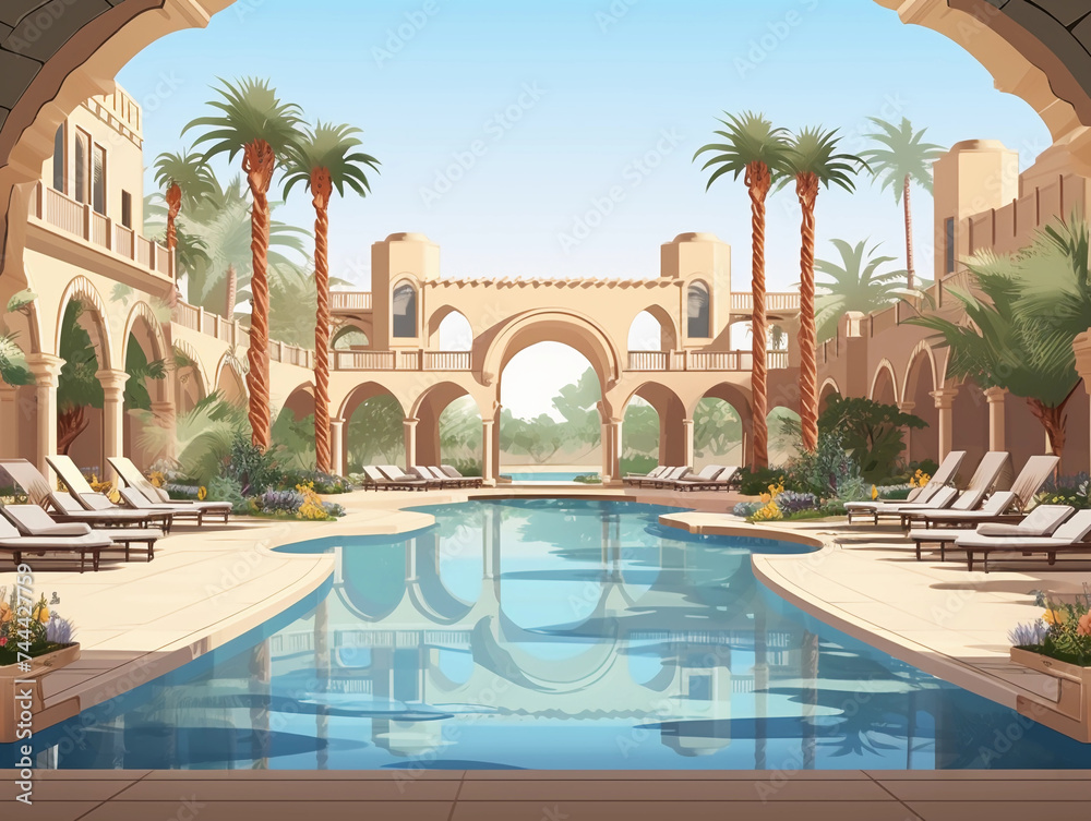 getaway destination of luxury resort hotel or palace garden landscaping design with arcade arcs and pool water feature for Arabia classic exotic tourism architecture design as wide banner 