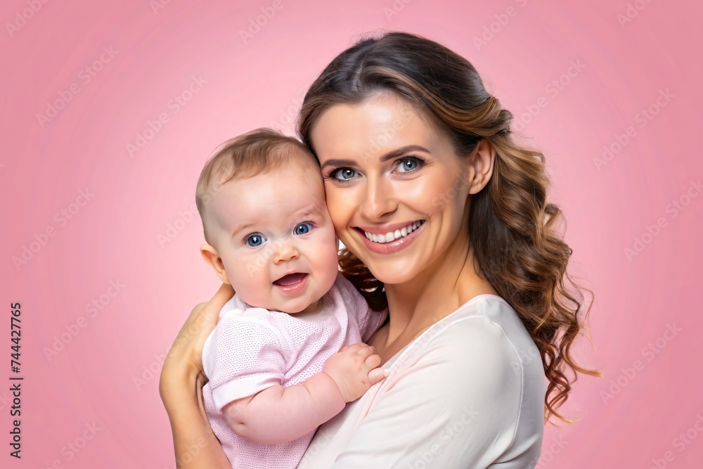 Portrait of happy young mother with her cute baby on pink background Portrait of happy young mother with her cute baby on pink background