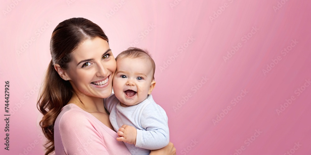 Portrait of happy young mother with her cute baby on pink background, copy space