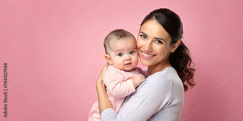 Portrait of happy young mother with her cute baby on pink background, copy space Portrait of happy young mother with her cute baby on pink background, copy space