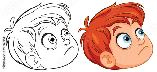 Two cartoon boys looking up with inquisitive expressions.