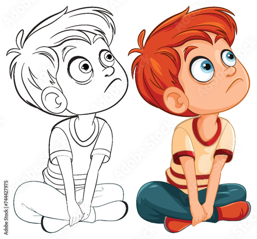 Two cartoon boys sitting and gazing upwards thoughtfully.