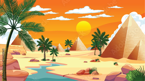 Vector illustration of pyramids and palm trees at sunset
