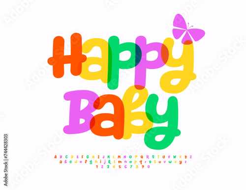 Vector colorful logo Happy Baby. Funny Bright Font for Kids. Creative handwritten Alphabet Letters and Numbers.