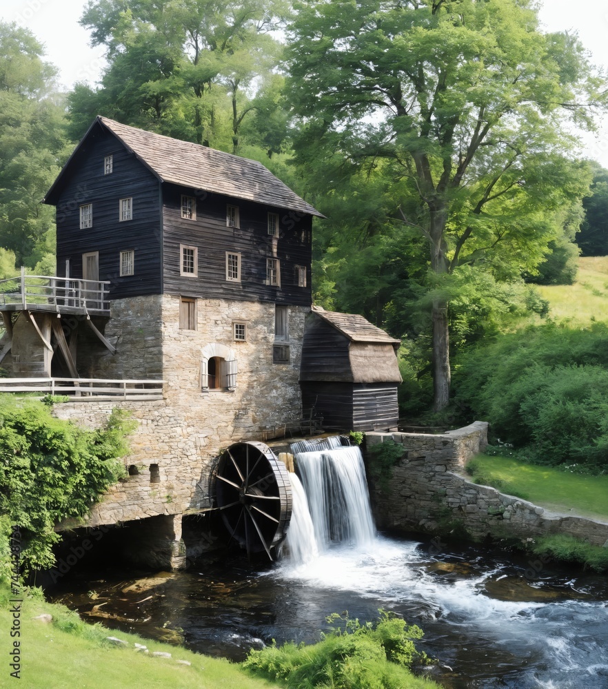 a water mill with a water wheel in the foreground and a stream running through