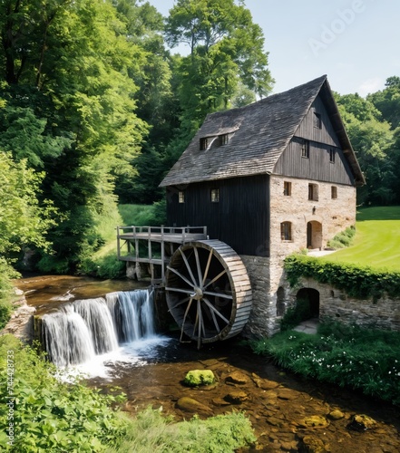 a water mill with a water wheel in the foreground and a stream running through