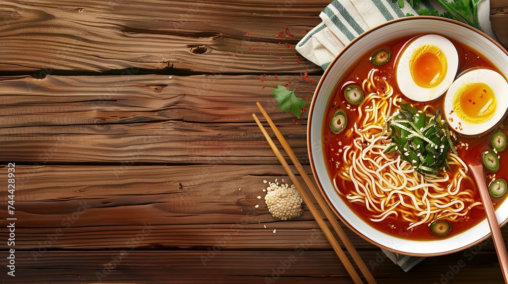 Delicious vegetarian ramen served on wooden table. Noodle soup - obrazy, fototapety, plakaty 