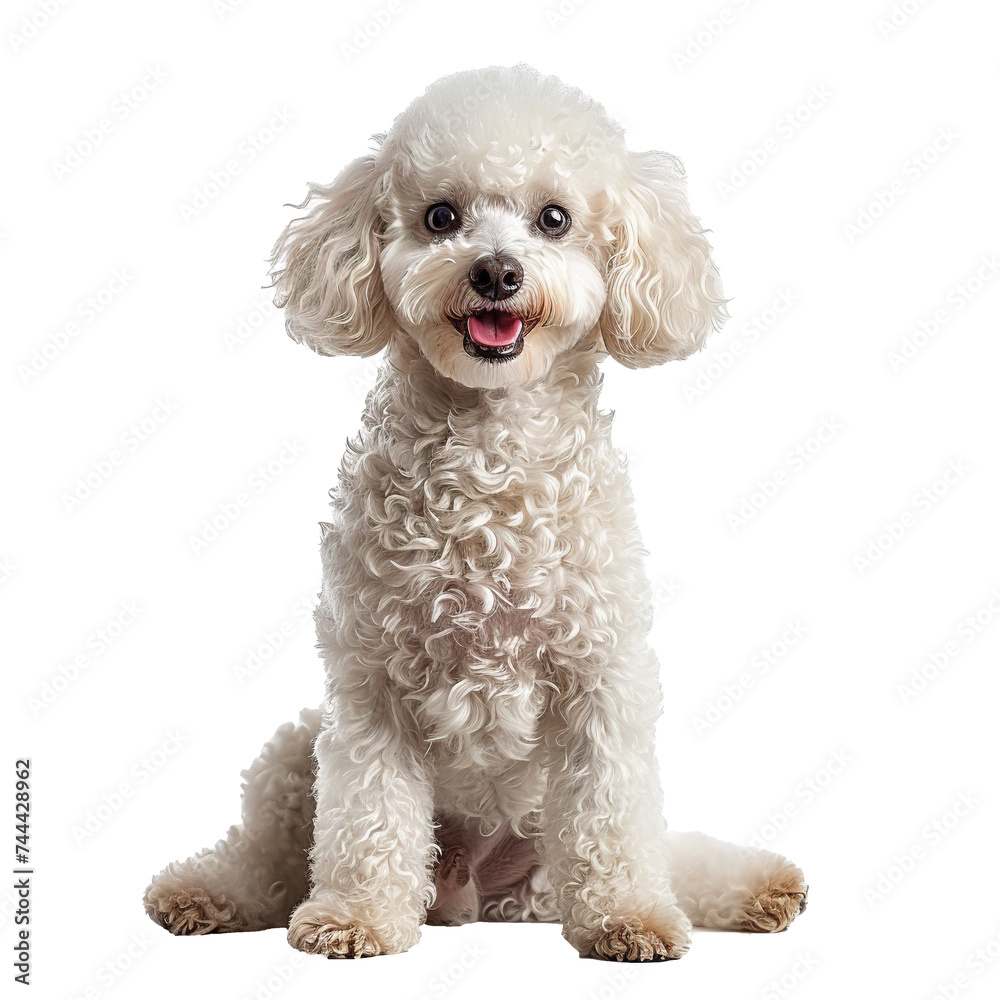 Portrait of a white poodle sitting isolated on transparent background