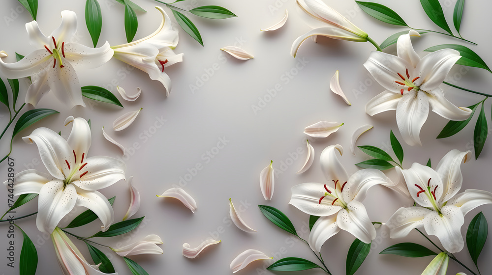A white Lily background with leaves and petals, a beautiful floral arrangement.