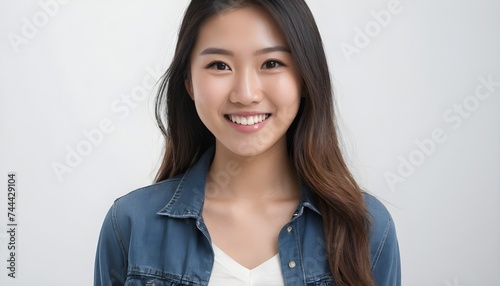  Portrait of a Cheerful Asian young woman, girl. close-up. smiling. plain background. Healthy skin
